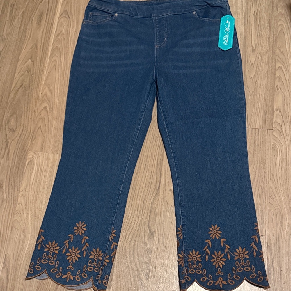 The Pioneer Woman Dark Blue Jeans with Brown Floral Scalloped Hem